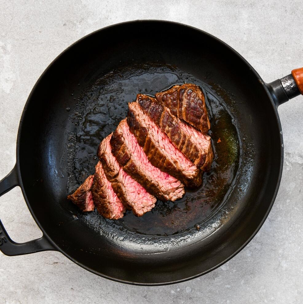 cooked bavette steak with hints of beautiful charring 