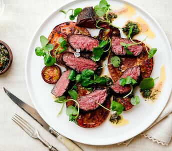 hanger steak with burnt tomato and chimichurri 