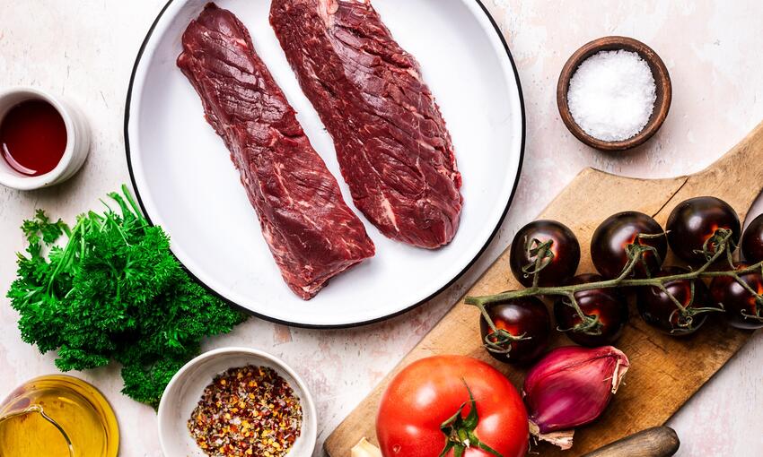 hanger steak with raw ingredients