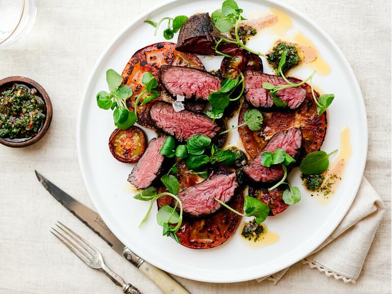 hanger steak with burnt tomato and chimichurri 