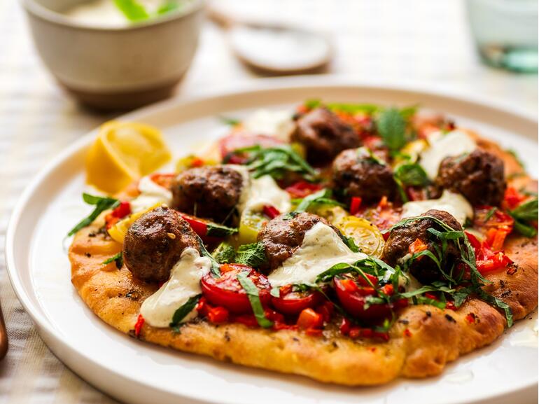 lamb kofta flatbreads with heritage tomatoes 